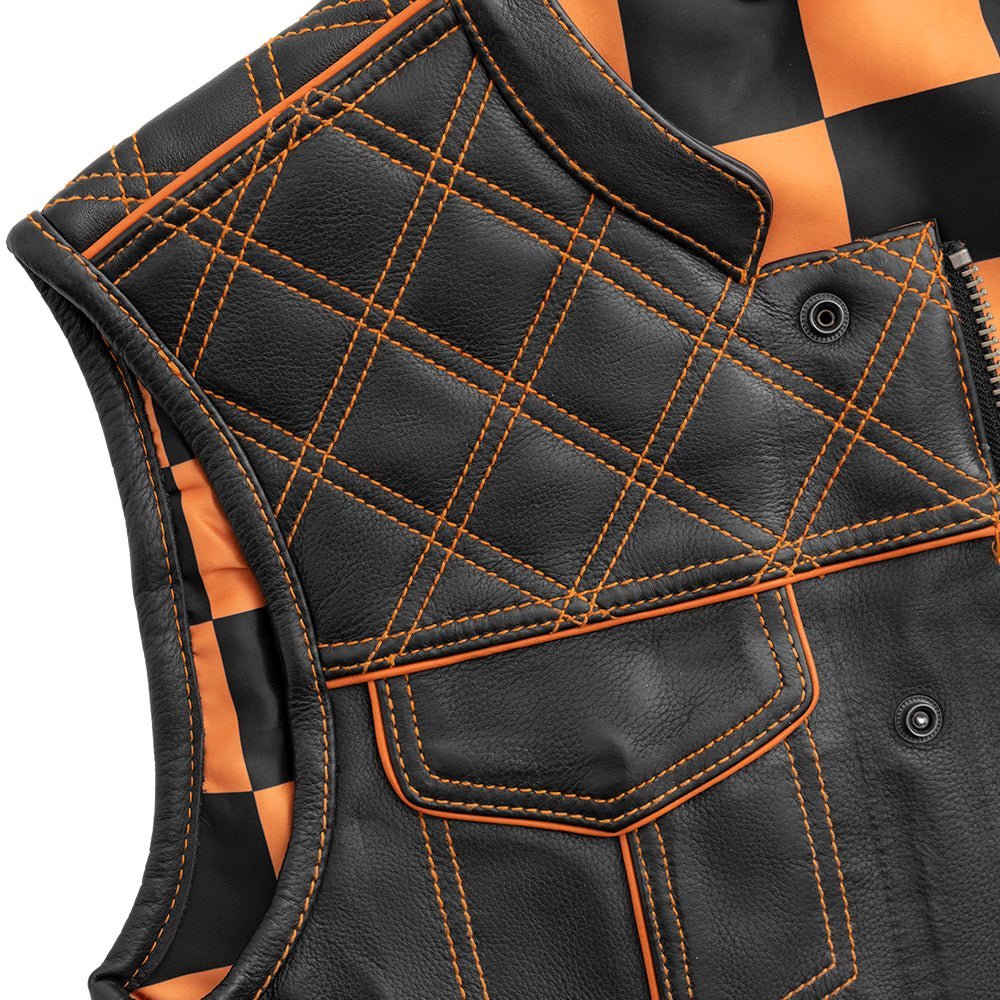 finish-line-orange-checker-mens-motorcycle-leather-vestmens-leather-vestfirst-manufacturing-company-607002